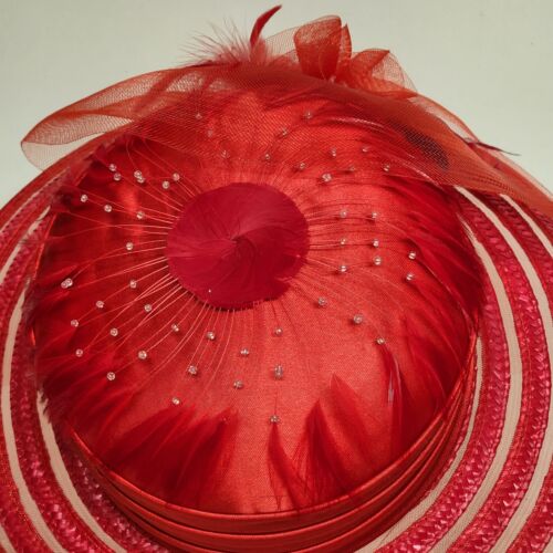 Women's Red Dressy Hat Banded Silk Bows Wedding Church Derby 100% Straw Vintage