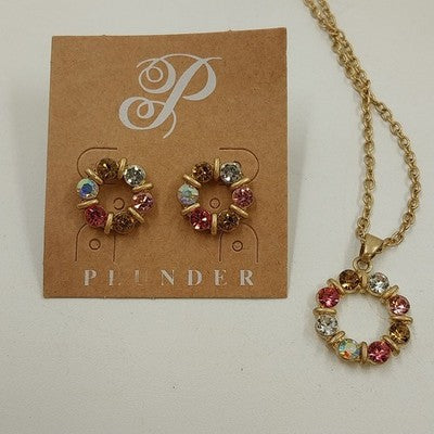 Plunder Gold Tone w Multicolor & Clear Faceted Rhinestone Necklace & Earring Set