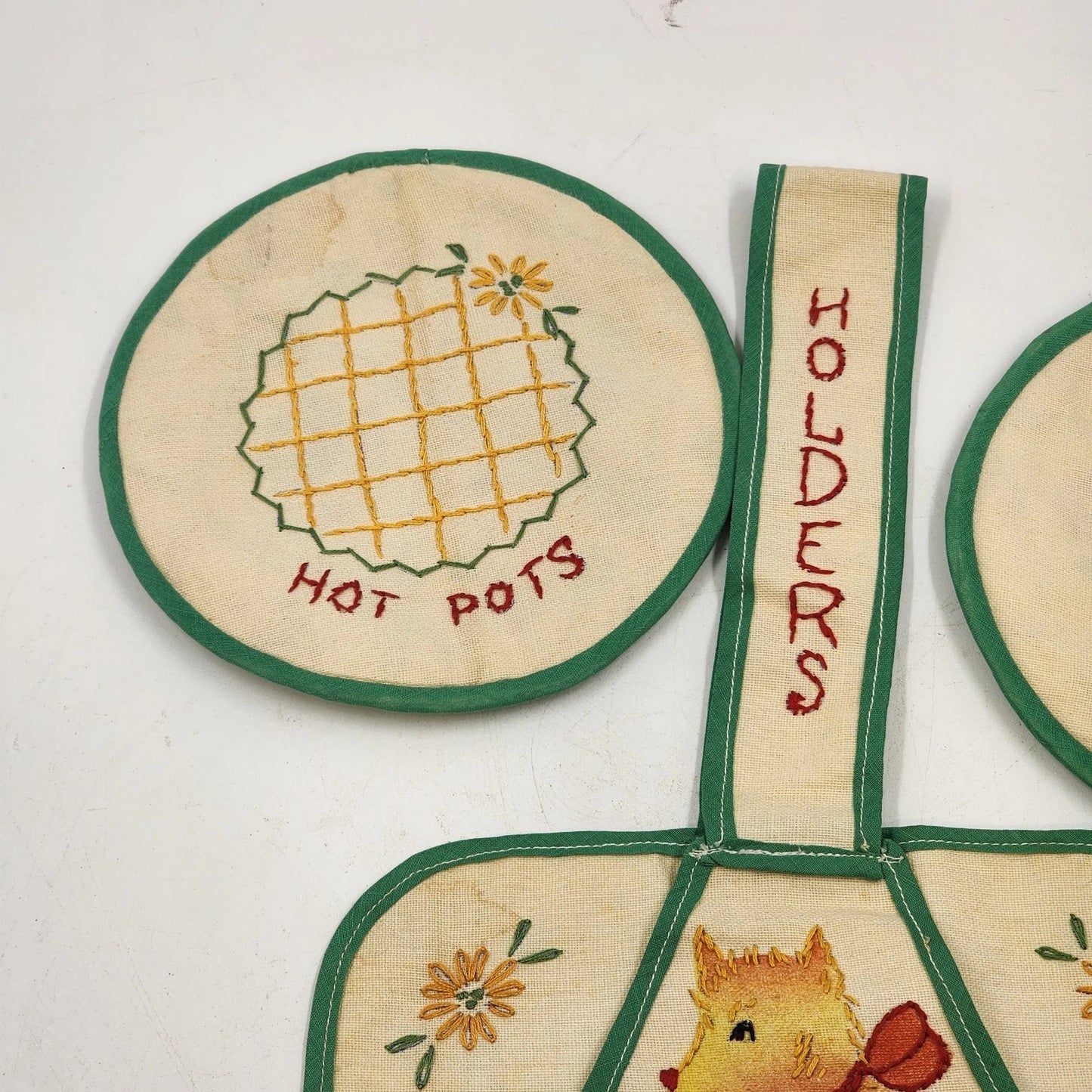 3 Pot Holder Set 1 Sq 2 Round Strap Yellow & Green Embroidery Be Safe Puppy Vtg