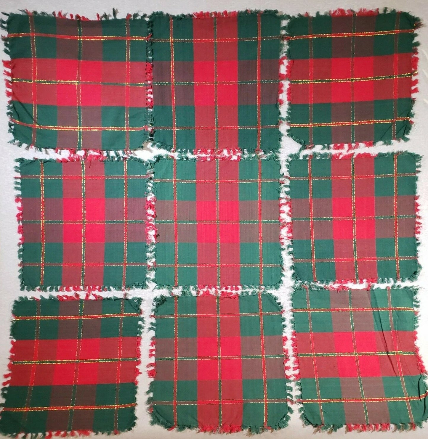 9 Fabric Placemats Red Green Gold Plaid Fringe Holiday Christmas Vintage 15"x15"