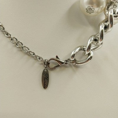 Plunder Knot Cord & White Faux Pearl Chunky Beaded Necklace Silver Tone Chain 8"