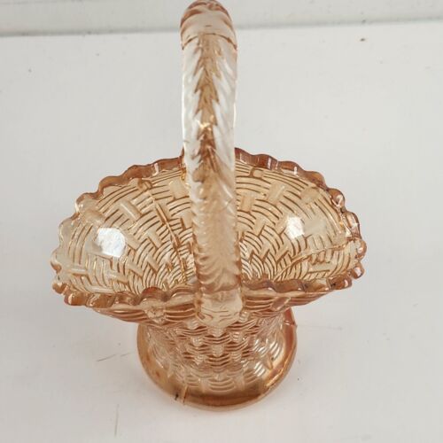 Small Peach Colored Brides Basket Carnival Depression Glass Applied Handle 6"h