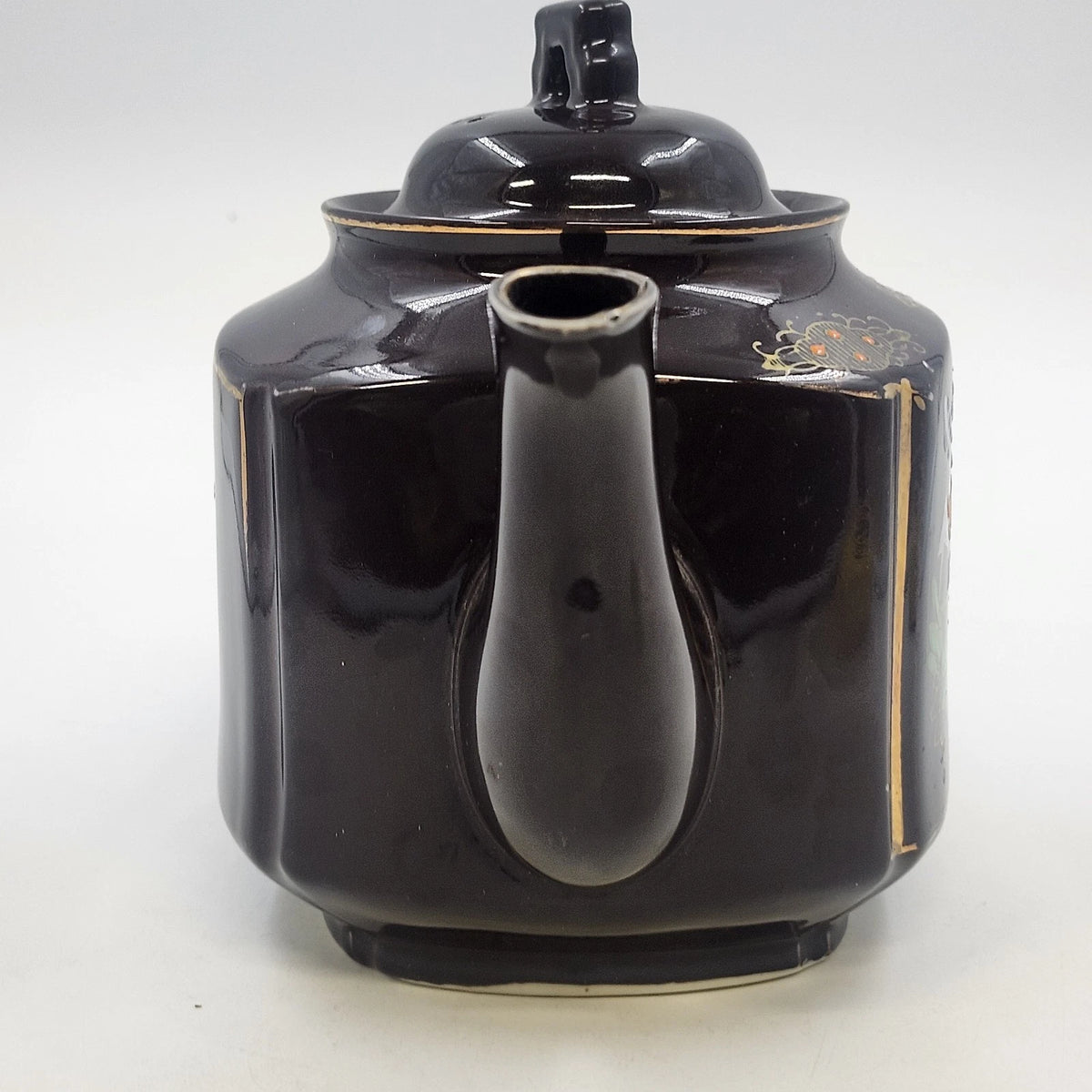 Japan Brown Ceramic Teapot Hand Painted Asian Landscape Gold Trim 6"h Lid Handle