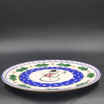 Round Serving Platter Present Tense Italy Hand Painted Snowman Christmas 14"