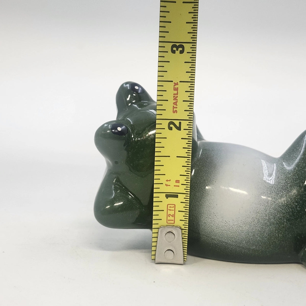 Green Frog Figurine Reclining Lounging Pose White Belly 4" Glossy Ceramic Decor