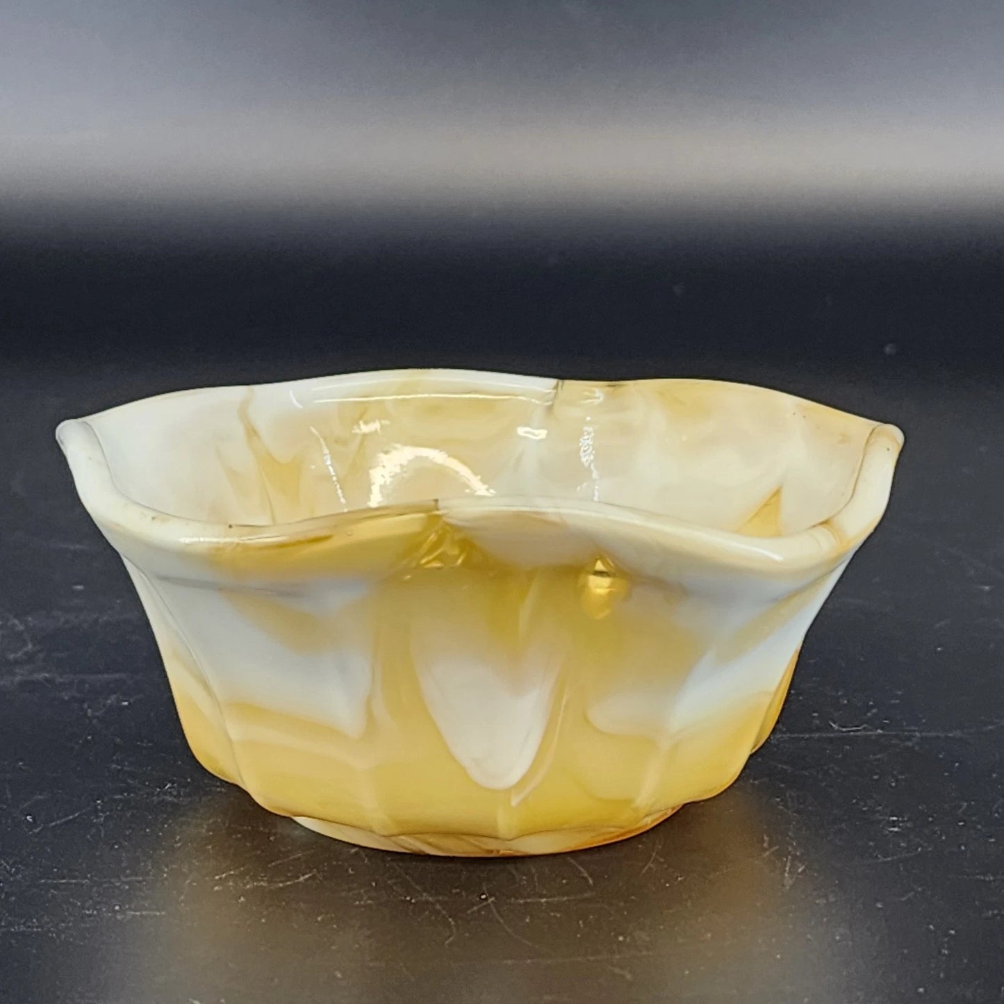 Akro Agate Caramel Slag Glass Bowl Scalloped Paneled Swirl