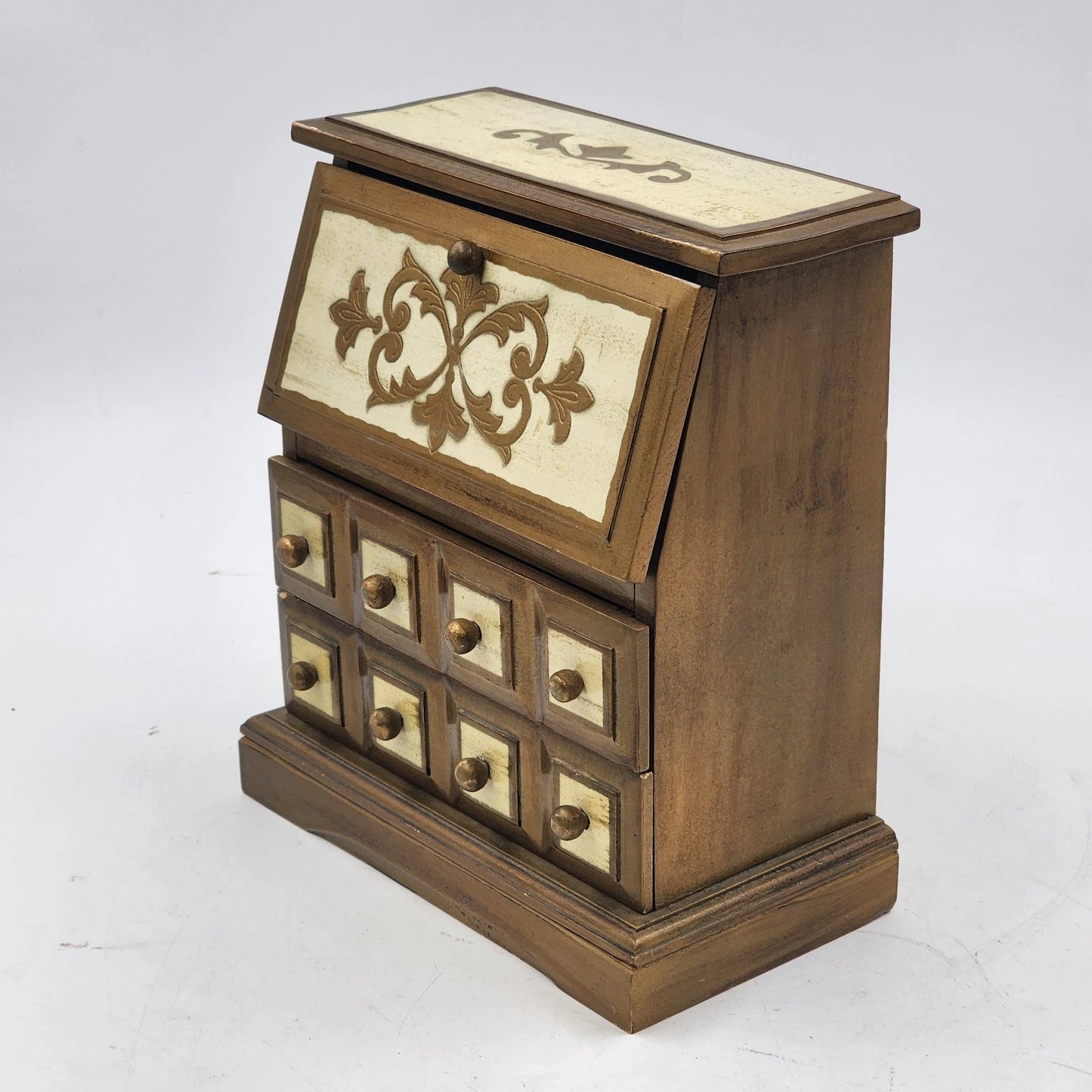 Musical Jewelry Box Wood Wind Up Hinge Top Desk 2 Shelves & 2 Drawers Gold Works