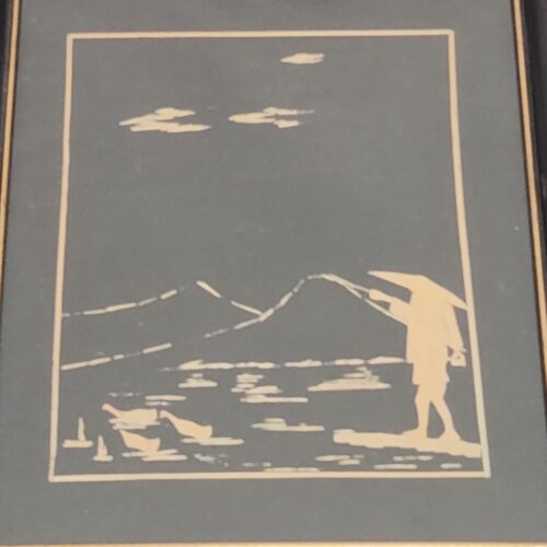 Asian Straw Art Picture Wall Decor Person Ducks Water Mountains Framed 1950's