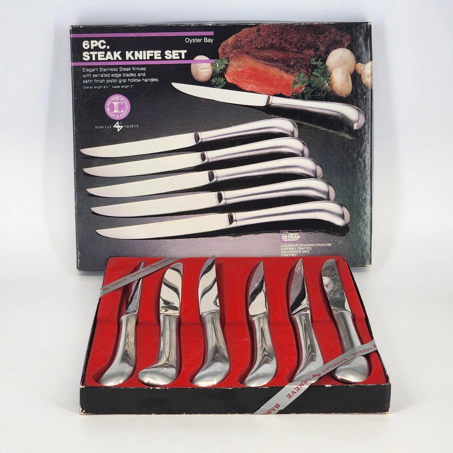 Barclay Geneve 6-Piece Steak Knife Set Oyster Bay Pistol Grip Stainless w Box