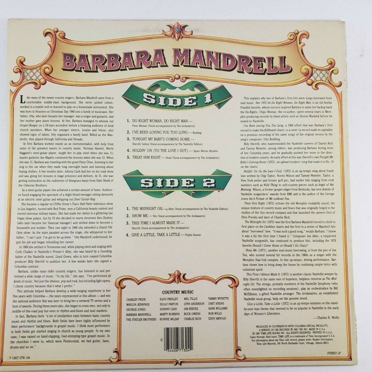 Barbara Mandrell Country Music LP 1981 Time Life Vinyl Record