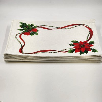 Set of 11 White Damask Placemats 18"x13" Holly Poinsettia Christmas Design