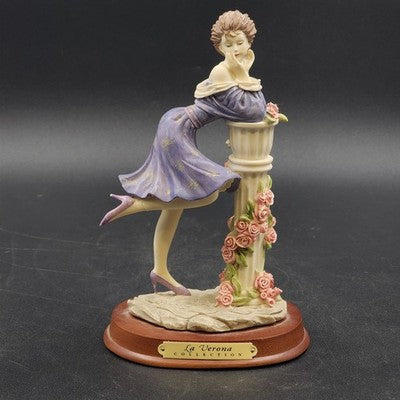 La Verona Collection Lady Figurine Purple Dress Flirty Pose Statue Wood Base Vtg