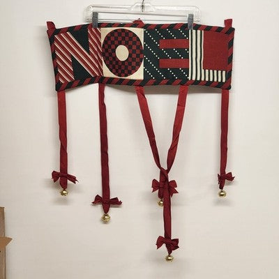 Red Black NOEL Wall Hanging Christmas Holiday Red Bows with Gold Bells 24.5"x9"