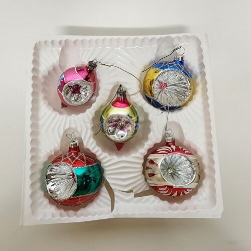 Bradford Novelty 5 Christmas Ornaments Indent Glitter Glass Mixed Shape Mexico