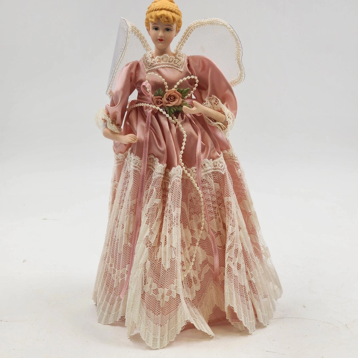 Christmas Tree Top Angel 10.5" Porcelain Head Hands Lace Freestanding Victorian