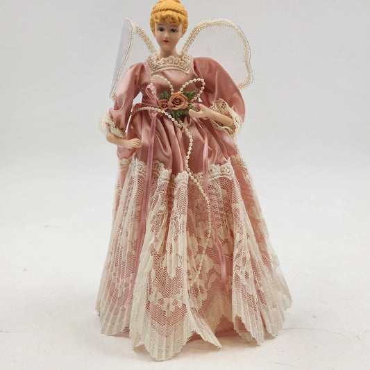 Christmas Tree Top Angel 10.5" Porcelain Head Hands Lace Freestanding Victorian