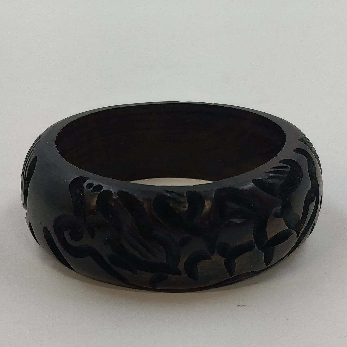 African Hand Carved Wood Wide Bangle Bracelet 2.5" Black Animal Design Tribal