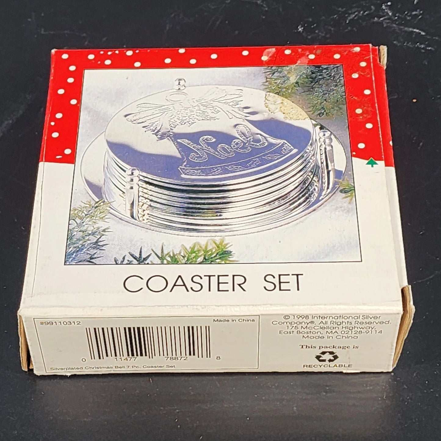 Christmas Noel Silverplated Coasters Set of 6 w Holder Angel Holiday & Box Vtg