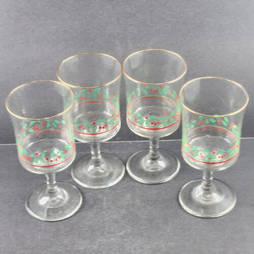 4 Arby's Stemmed Wine Glasses Christmas Holiday Holly Berry Cups Vintage 6.75" H