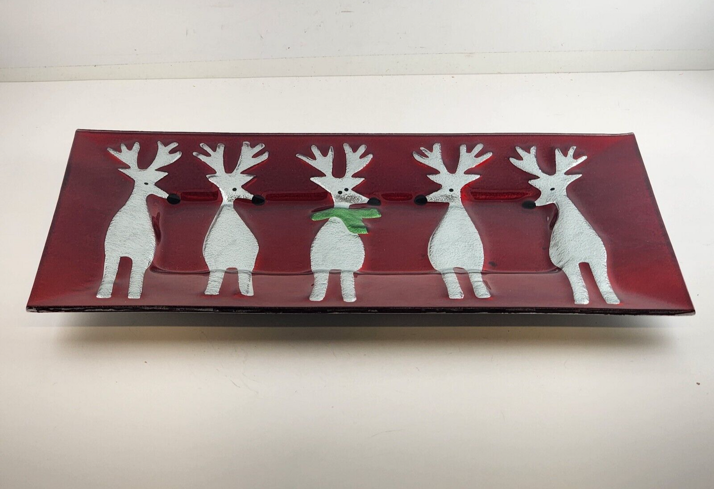 Crate & Barrel Reindeer Platter 17" x 12” Red Glass Serving Tray G7005 Vintage