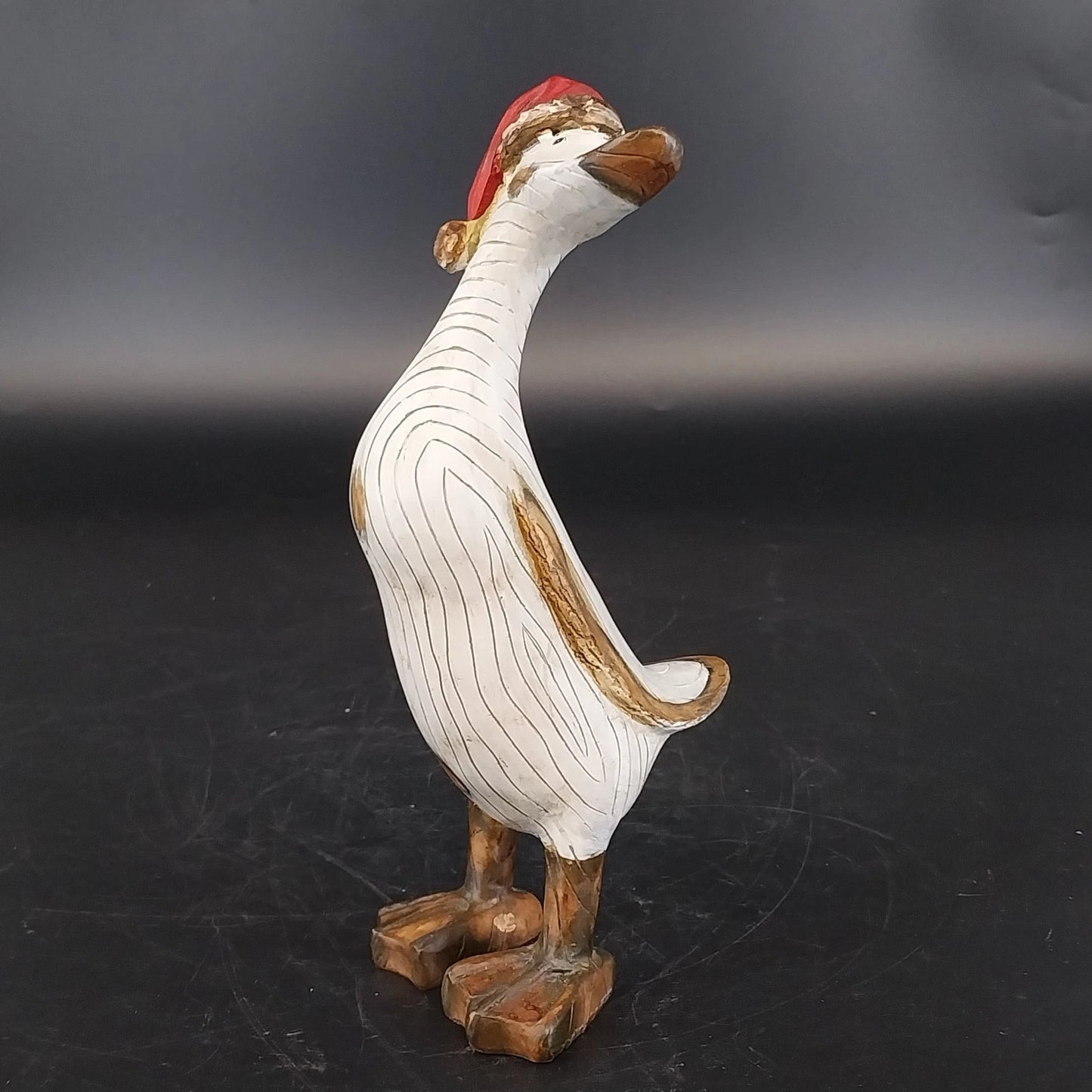 Tii Collections Santa Hat Duck Figurine Carved Wood White 7" Christmas Decor