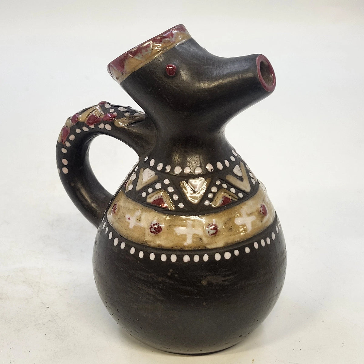 Ukrainian Art Pottery Pitcher Black Red Tan Raised Geometric Elongated Spout Vtg