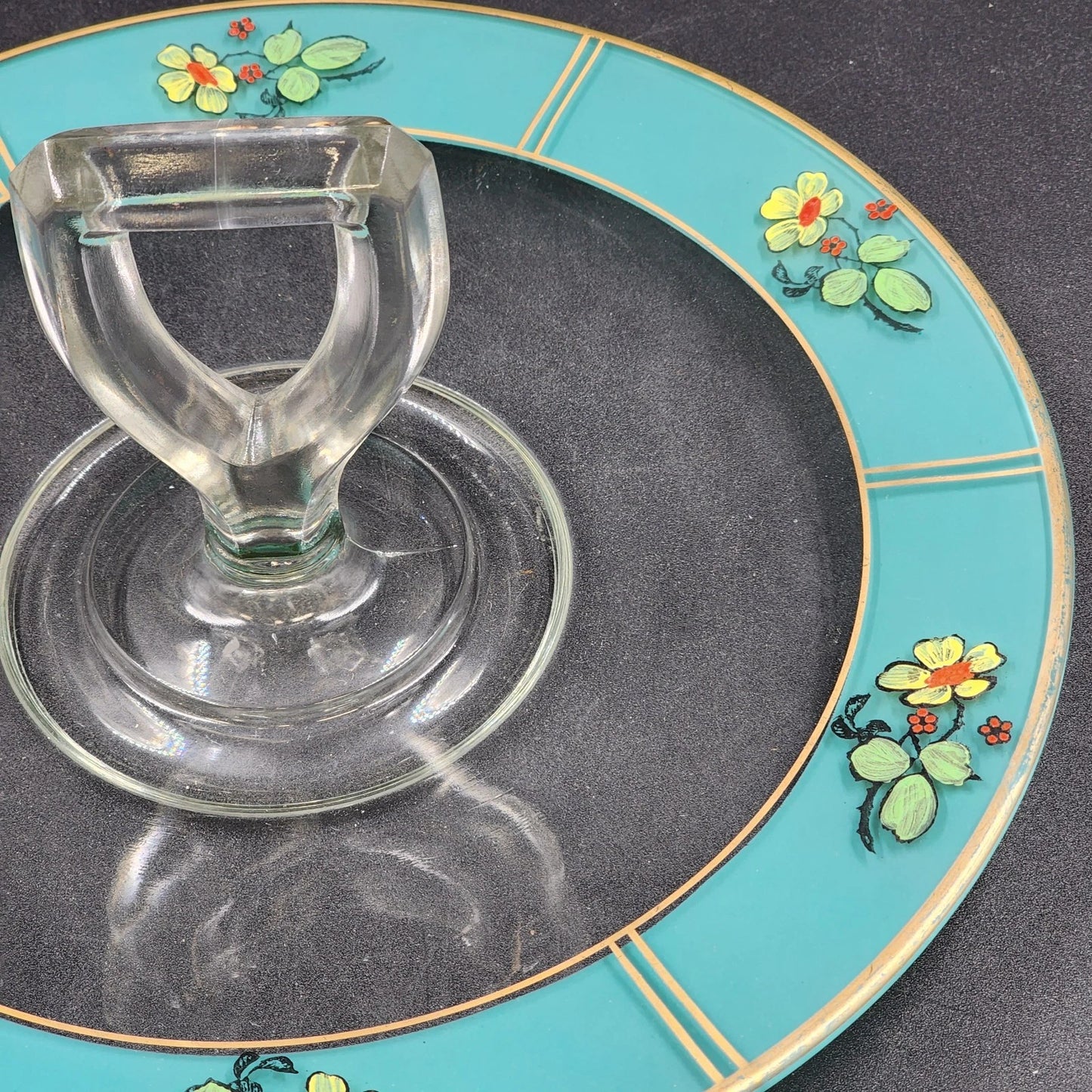 Reverse Painted Glass Tidbit Tray French cottage tableware Blue 11" MCM Server