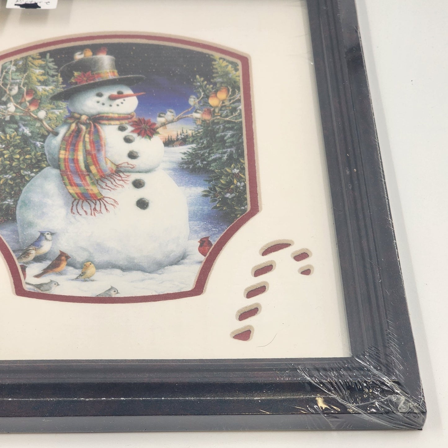 Feathered Friends Snowman Birds Framed Art 8x10 Sealed Matted Dark Wood Frame US