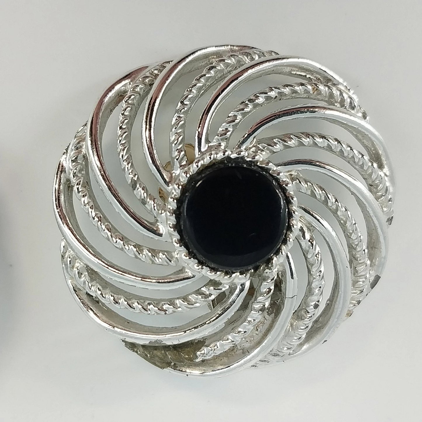 Sarah Coventry Mystic Swirl Clip On Earrings Black Cabochon Silver Tone Vintage