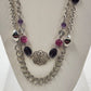 Silver Tone Chains w Multicolor Beads & Filigree Accents Double Strand Necklace