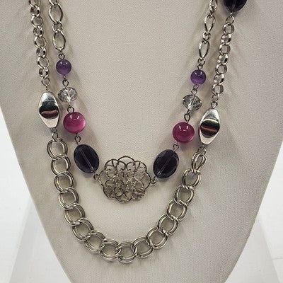 Silver Tone Chains w Multicolor Beads & Filigree Accents Double Strand Necklace