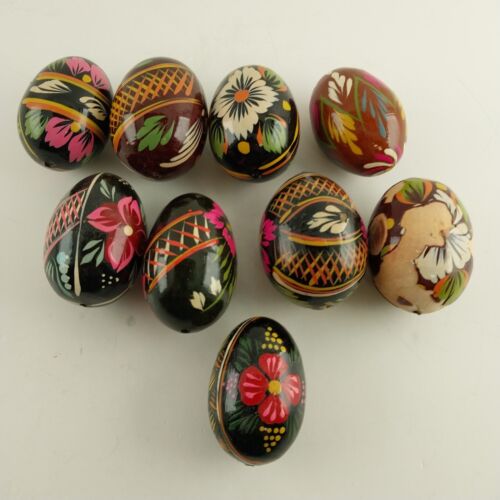 9 Brightly Decorated Easter Eggs Wood Ukrainian or Russian Plastic Covered