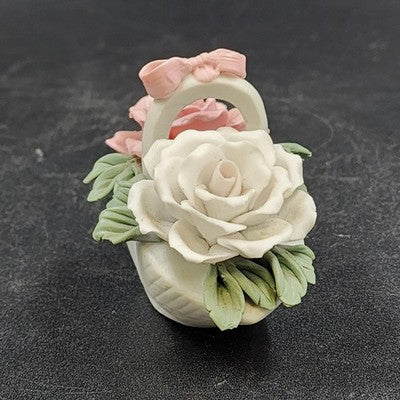 Capodimonte Style White Basket 2.75" w Pink Roses Flower & Bow Porcelain China