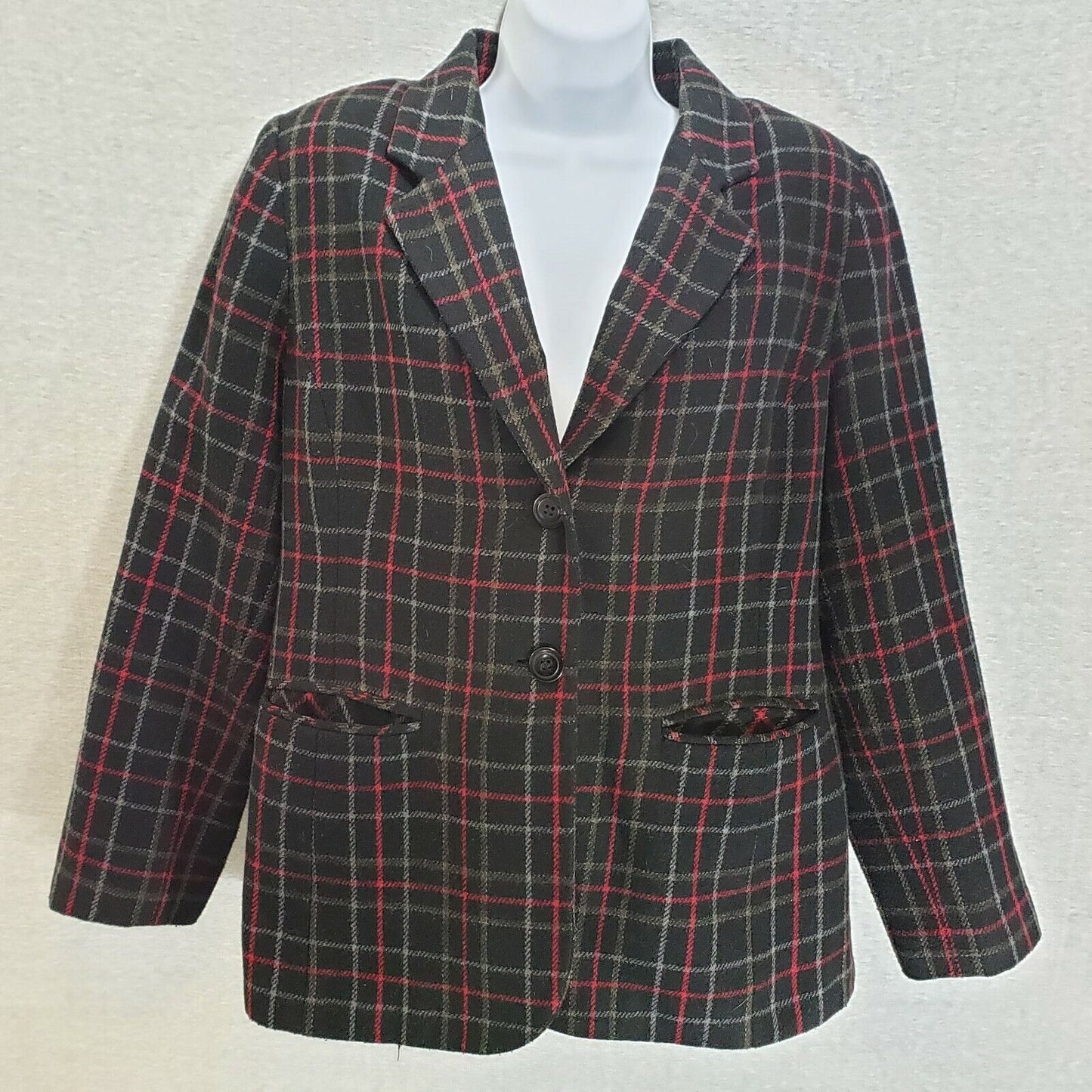 Sag Harbor Petite Ladies Blazer Wool Blend Black Red Green Plaid Size P10 Lined