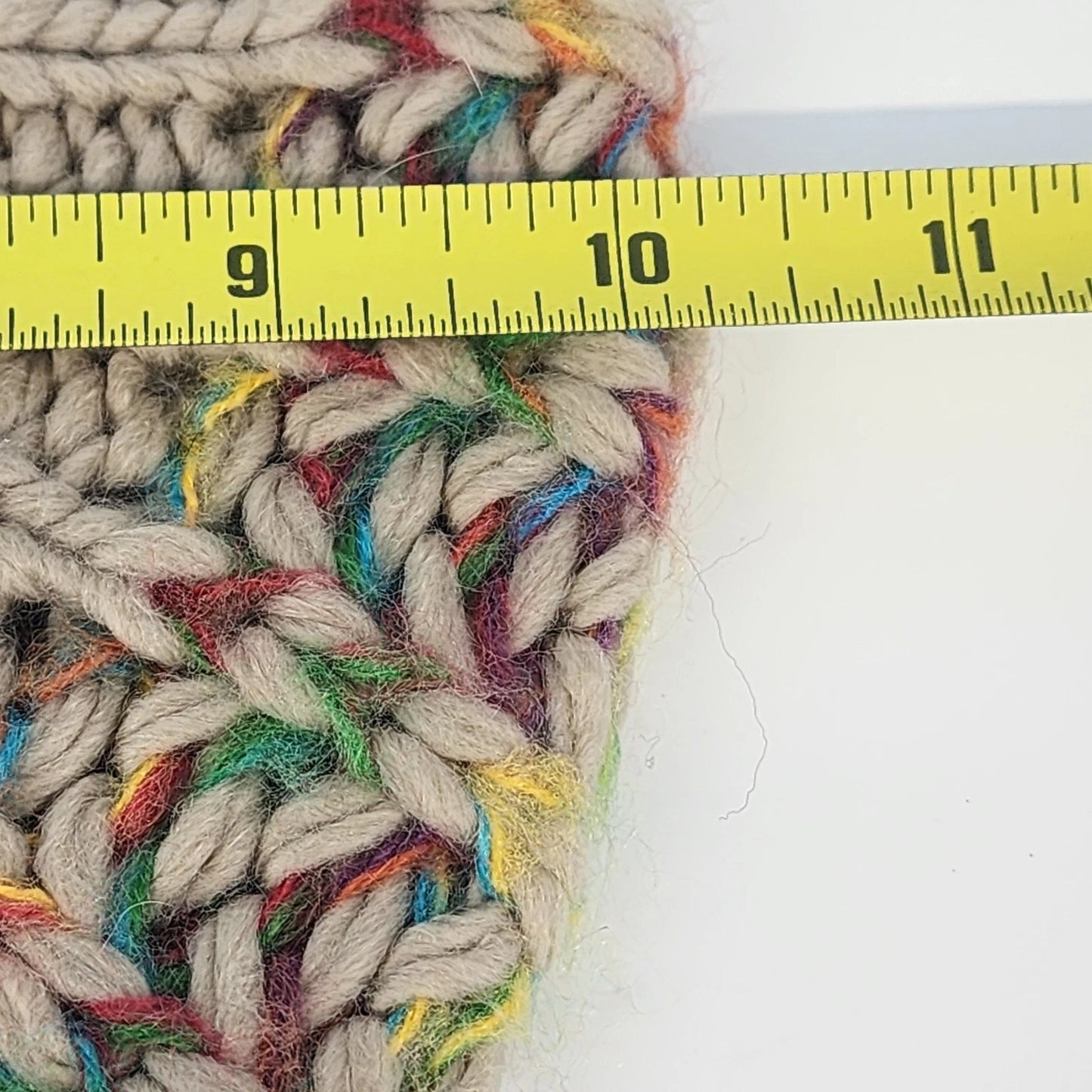 Hand Knitted Tan Beret Hat Rainbow Accent Slouchy Cap