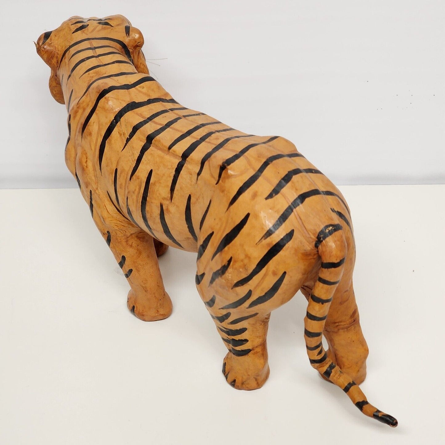 Large Leather Wrapped Tiger Figurine Walking Vintage 15" L x 3½" W x 7½" H