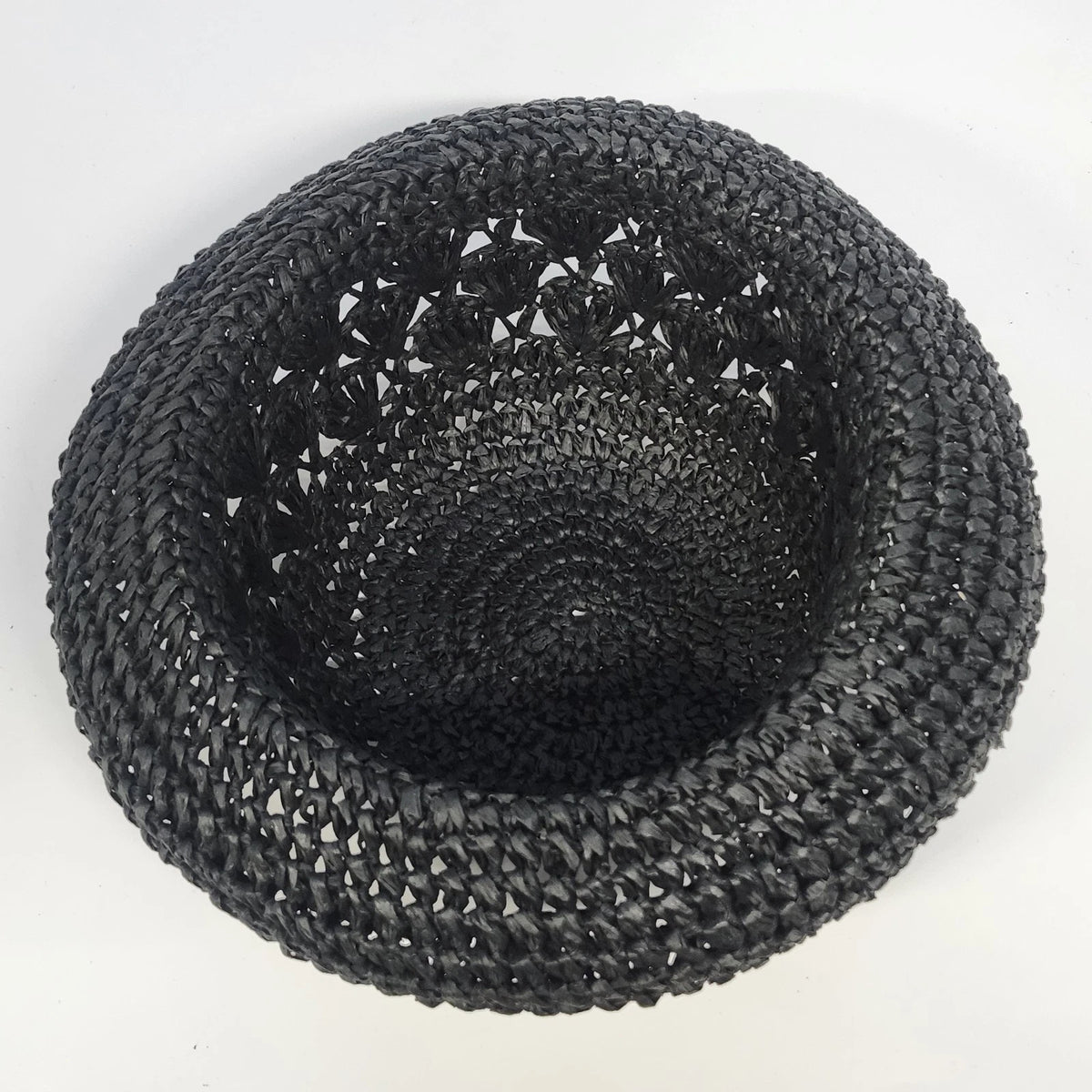 Women's Black Crochet Straw Cloche Hat Rolled Brim Cut Out Open Weave One Size