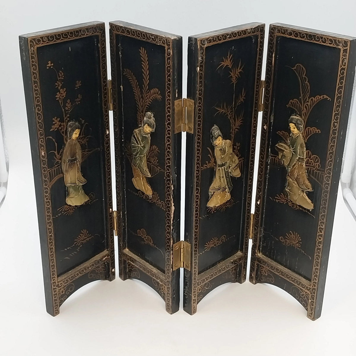 Macau Black Lacquer Soapstone 4-Panel Asian Tabletop Folding Screen 18" x 14"