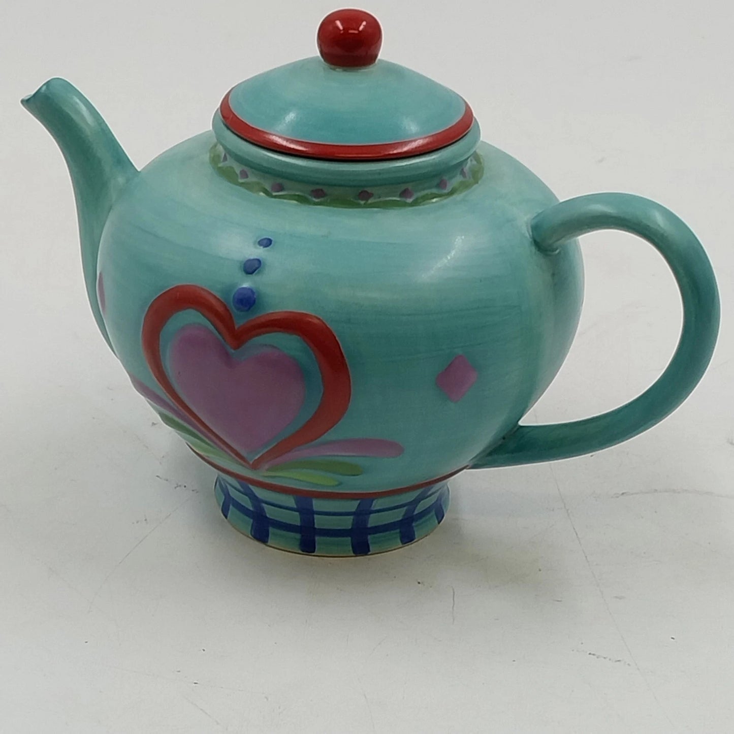 Jim Shore Teapot Candle Enesco Heartwood Creek Blue w Red Heart Ceramic Chip Lid