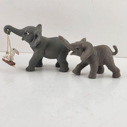 2 Miniature Gray Elephants One Swinging a White Bunny from it's Trunk 3.5" Long