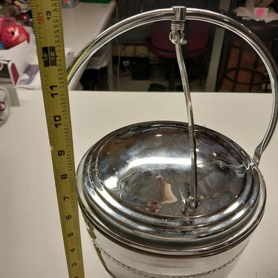 Silver Chromium Solid Brass Ice Bucket Cooler Hinged Lid Arm & Glass 13" 1950's