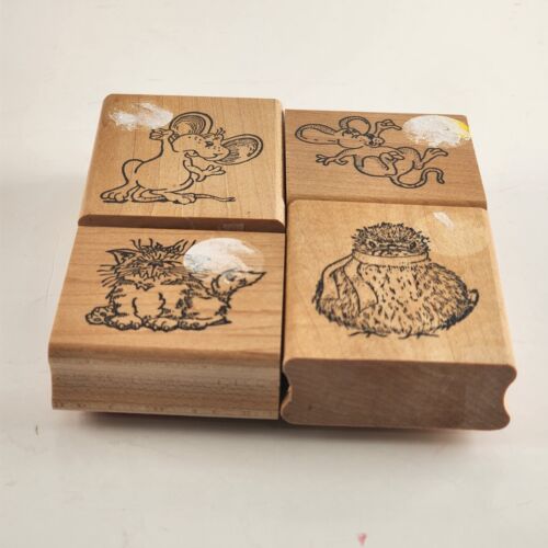 Lot of 4 Ann-ticipation Mouse Design Wooden Mounted Rubber Stamps Vintage