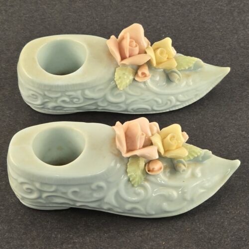 Ceramic Shoe Flowers Candle Stick Holder Pair Spring Roses Pink Japan 1950s VTG