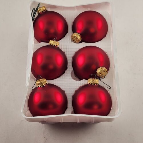 Krebs Glass Christmas Ornaments Red Satin Pearl 6 Pk Vintage Boxed Crown Top 2½"