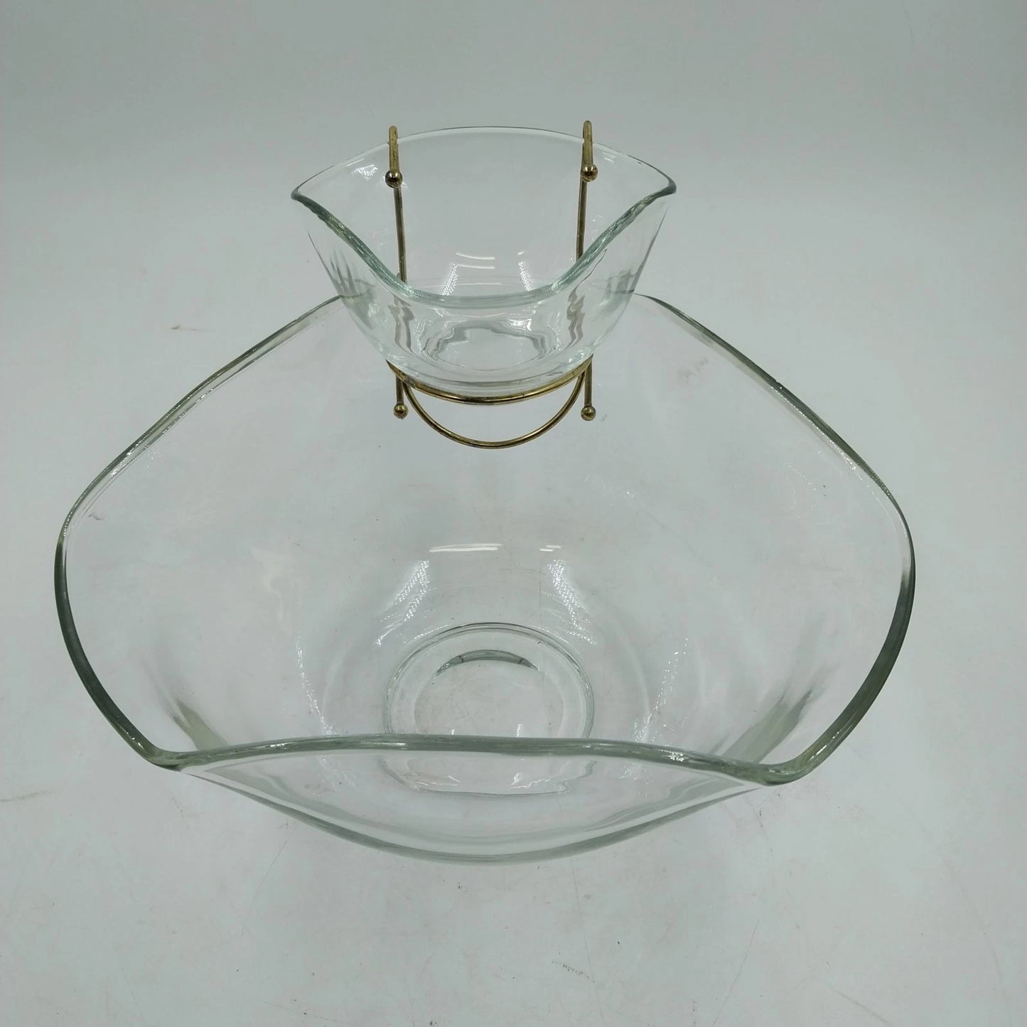 Tri-Top Chip Dip Serving Bowl Set Clear Glass Metal Bracket Indiana Glass Modern