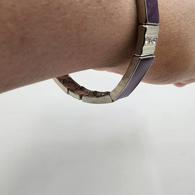 Silver Tone Purple Enamel Rhinestone Link Stretch Bracelet 3" Rectangle