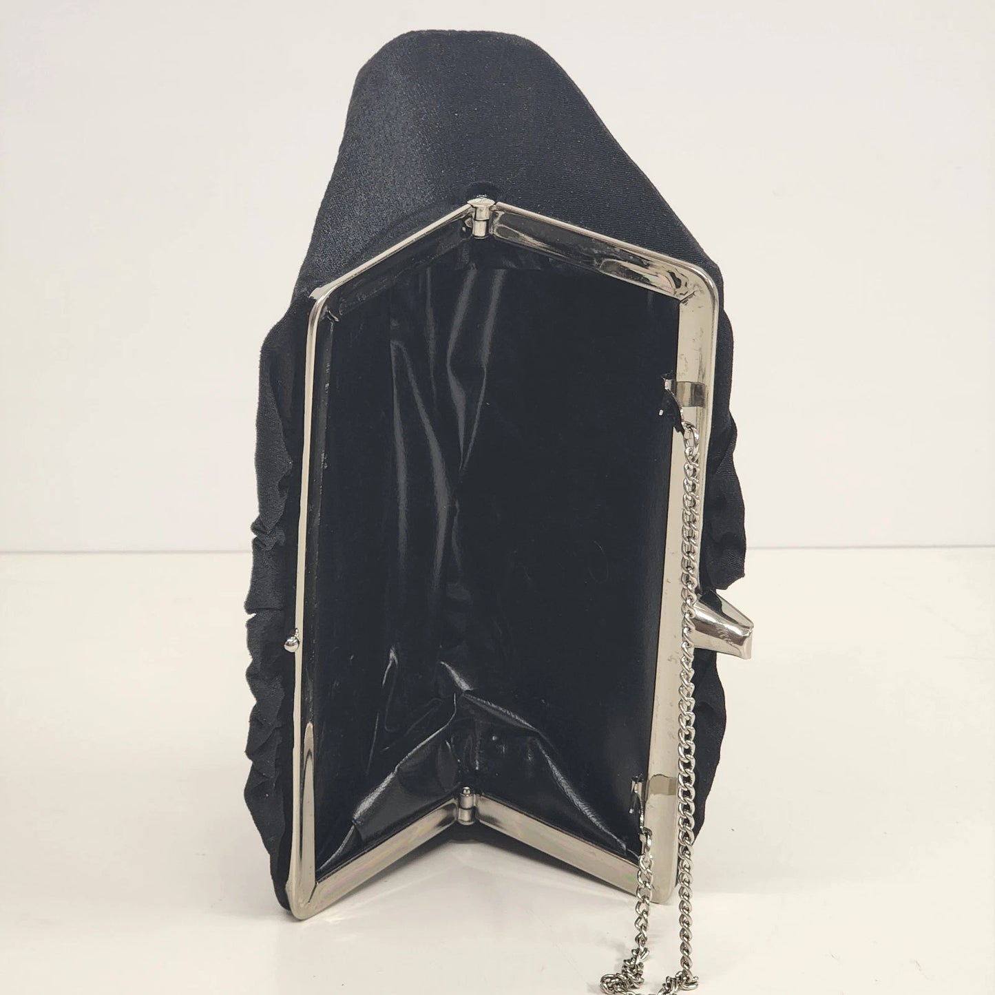 Black Evening Clutch Bag Leather Interior Minimalist Formal Handheld Purse Vtg