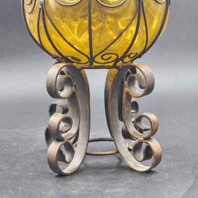 Vintage Amber Glass Caged Centerpiece – 13.5" Hand-Blown Vase or Candle Holder with Metal Footed Base – Rustic Farmhouse Décor