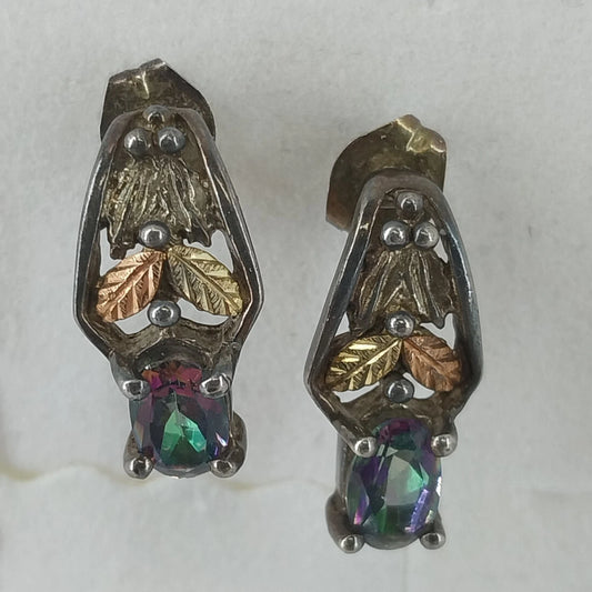 Black Hills Gold Mystic Topaz 12K Leaf Vine Sterling Silver Post Earrings