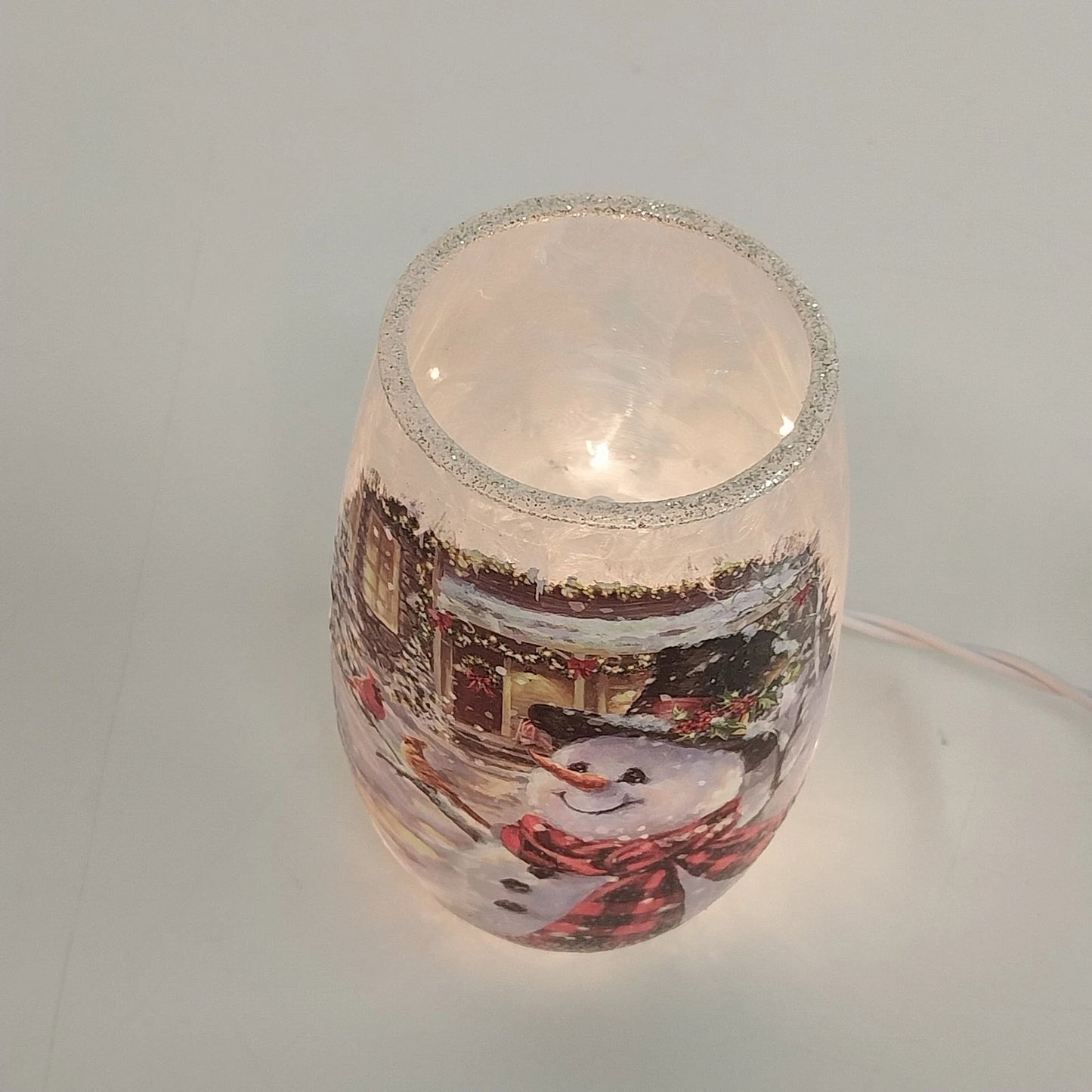 Frosted Glass Snowman Cardinal Winter Scene Vase Light Plug In Christmas 5.25"